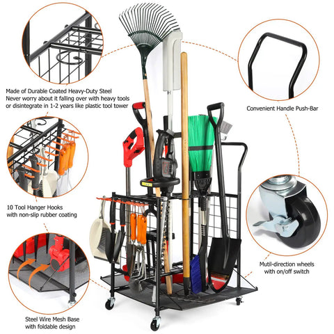 Garden Tool Organizer On Wheels Heavy Duty Steel Tool Tower For Shed Garage Backyard Stores 30 Plus Tools On A Black Locking Cart From Leaf Blowers To Long Handle Rakes Easy Access And Mobile Storage
