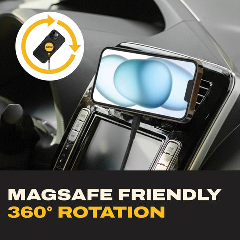 Magnetic Car Phone Mount With Wireless MagSafe Charger Vent Mount on dashboard with phone displaying screen in car interior.