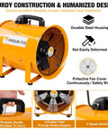Heavy Duty Cylinder Fan With 25 Foot Vinyl Hose 8 Inch Portable Blower For Crawl Spaces Attics And Basements 1100 CFM Direct Airflow 120 Volt Enclosed Motor Tough Orange Steel Construction Includes A 6 Foot Cord displayed, highlighting durable steel housing and protective fan cover.