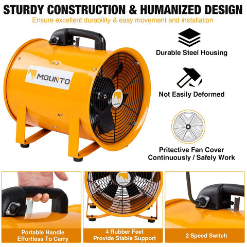 Heavy Duty Cylinder Fan With 25 Foot Vinyl Hose 8 Inch Portable Blower For Crawl Spaces Attics And Basements 1100 CFM Direct Airflow 120 Volt Enclosed Motor Tough Orange Steel Construction Includes A 6 Foot Cord displayed, highlighting durable steel housing and protective fan cover.
