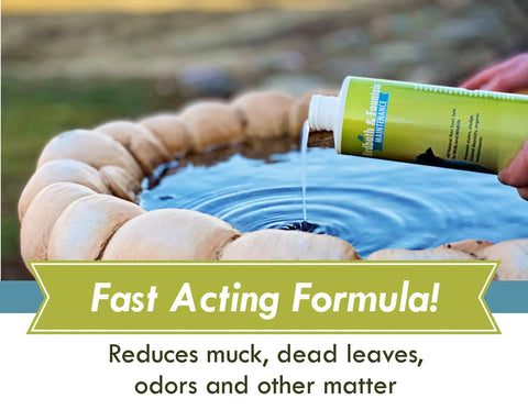 Fast Acting Enzyme Based Bird Bath and Fountain Cleaner 8 Oz Bottle being poured into bird bath.