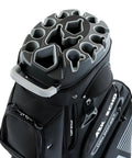 Smooth Glide 14 Way Divider Golf Cart Bag With Full Length Dividers And Kickass Extra Storage Pockets Game Changer Club Guard System In Sleek Black Colorway top view showing club slots and handle.