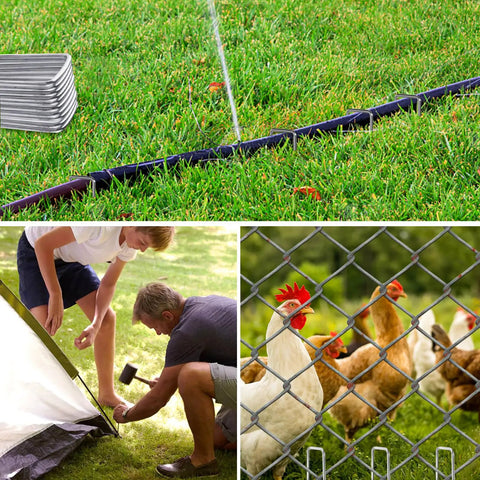 Heavy Duty 8 Inch Landscape Staples Made From 8 Gauge Galvanized Steel For Lawns, Weed Barriers, Landscape Fabric, Irrigation Hoses And Tent Pegs 125 Packs Of Rugged Rust Proof Stakes For Outdoor Use displayed in various outdoor settings.