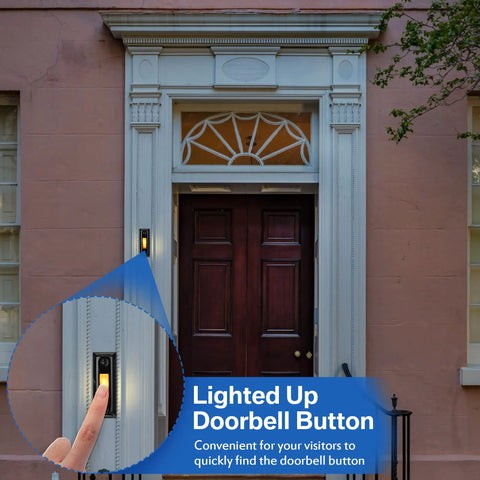 Built Tough Metal Lighted Doorbell Button With Wired Switch Waterproof And UV Resistant Black Finish Replacement For Old Plastic Button Bright LED Ring For Clear Fast Chimes And Modern Curb Appeal on exterior wall