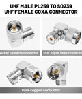 UHF Male PL259 To SO239 UHF Female Coax Adapter, nickel-plated, right-angle, copper conductor, 2 pack for RF CB Ham Radio.