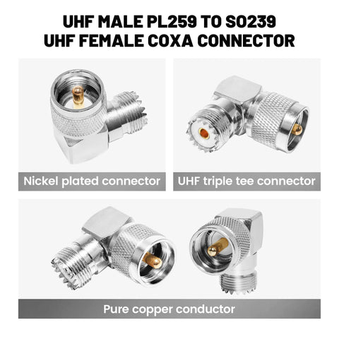 UHF Male PL259 To SO239 UHF Female Coax Adapter, nickel-plated, right-angle, copper conductor, 2 pack for RF CB Ham Radio.