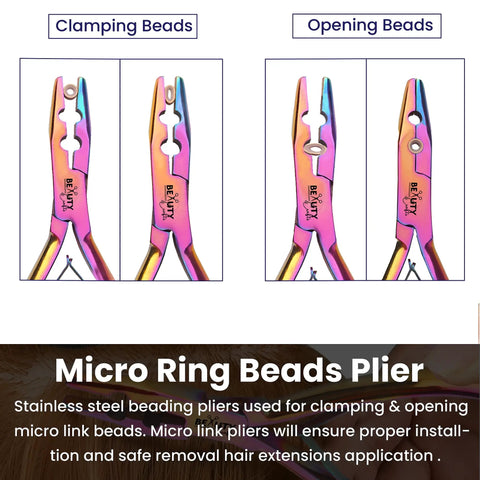 Micro Links Hair Extensions Kit With Stainless Steel Beads Closer And Remover Pliers, Pulling Hook, Bead Tool, Loop Needle, And Leather Pouch For Quick, No Fuss Feather And Hair Extensions. Stainless steel micro ring bead pliers for clamping and opening beads.