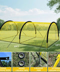 Upgraded 22 Foot By 12 Foot By 8 Foot Baseball And Softball Batting Cage Net With Pitching Machine Hole in a grassy field.