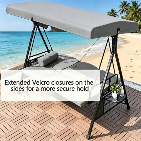 Heavy Duty Swing Canopy Cover For 3 Seat Outdoor Swings Waterproof All Weather Patio Shield in gray on beach setup