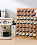 Bamboo Keurig K Cup Holder Organizer holds 42 pods next to coffee machine on kitchen counter for easy access and organization