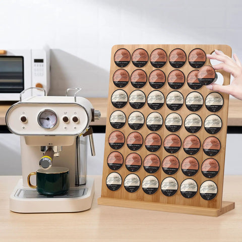 Bamboo Keurig K Cup Holder Organizer holds 42 pods next to coffee machine on kitchen counter for easy access and organization