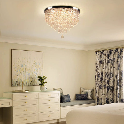 Jaw Dropping 19.7 Inch Crystal LED Flush Mount Ceiling Light With 5 Tier K9 Raindrop Crystals in bedroom setting