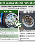 Before and after image showing effect of 33mm Lug Nut Covers Push On For Semi Trucks And Trailers Chrome ABS Plastic Bullet Flanged Caps 60 Pack