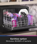 Compact Countertop Dishwasher With Smart Wifi Connectivity Six Wash Cycles Energy Star Portable Kitchen Workhorse No Sweat Setup Runs Smooth For Tiny Apartments And Narrow Counter Spaces with sanitized dishes in rack.