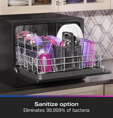 Compact Countertop Dishwasher With Smart Wifi Connectivity Six Wash Cycles Energy Star Portable Kitchen Workhorse No Sweat Setup Runs Smooth For Tiny Apartments And Narrow Counter Spaces with sanitized dishes in rack.