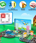 Mini Magnetic Tiles Road Travel Set For Kids On The Go shown with road design, mini figures, cars, planes, and safety features.
