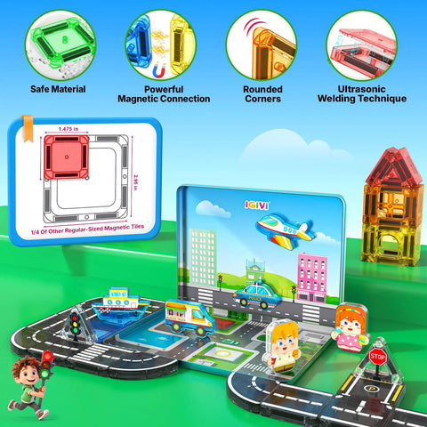 Mini Magnetic Tiles Road Travel Set For Kids On The Go shown with road design, mini figures, cars, planes, and safety features.