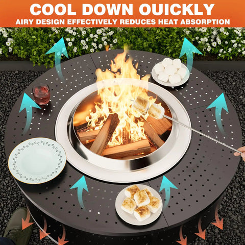 41 Inch Fire Pit Surround Tabletop with snacks and tools arranged around a bonfire, showcasing steel surround and storage features.
