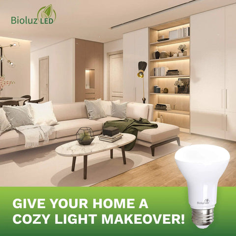 Living room with BR20 LED Bulbs 2700K Warm White Dimmable 6W to 50W Replacement 540 Lumens 90 CRI for indoor ambiance
