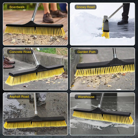 Heavy Duty 24.8 Inch Wide Push Broom With Dual Density Bristles Designed To Crush Gravel And Leaves On Driveways for sidewalk cleanup.