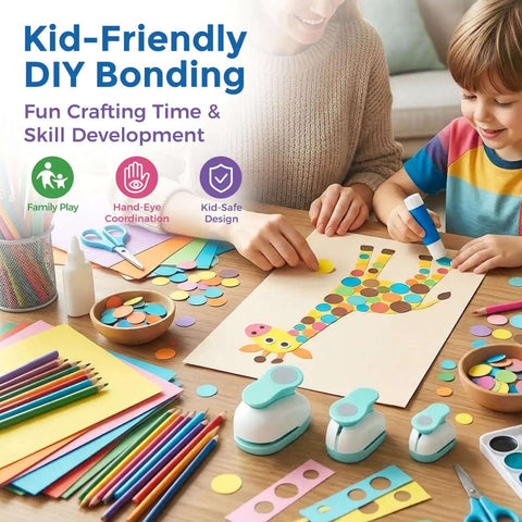 Family crafting activity with Three Size Circle Hole Punch Set For Scrapbooking And Card Making, colorful paper, and giraffe cutout.
