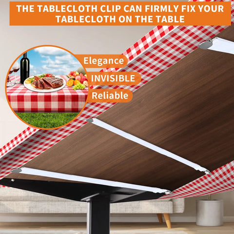 Hidden Strap Tablecloth Clips 5 Pack Adjustable Elasticity Large Clamps For Thick Tables, securing a red checkered tablecloth