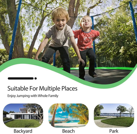 Two kids jumping on 12 Foot Trampoline With Slide And Swings Outdoor Play Set With Basketball Hoop Ladder LED Lights And Net Enclosure.