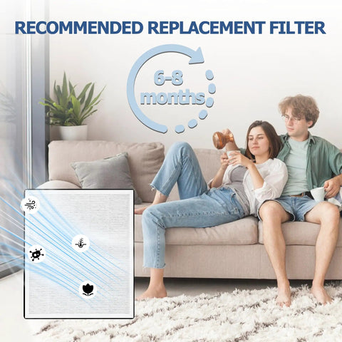 Couple relaxing on sofa with diagram of Vital 100 Replacement Filter for Levoit Vital 100 Air Purifier nearby