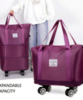 Two purple expandable foldable duffel bags with wheels; large carry-on luggage.