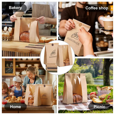 Collage of 45 Pack Thick Sourdough Bread Bags With Tin Tie Tabs And Clear Window in bakery, coffee shop, home, and picnic settings.