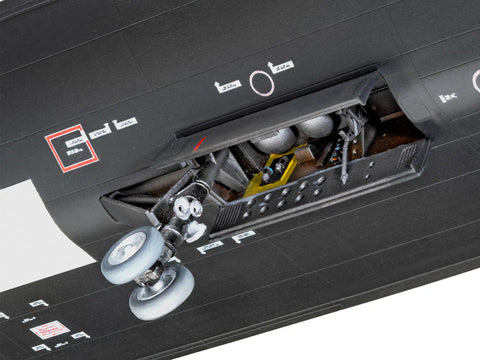 Underside view of SR-71A Blackbird 1 48 Scale Stealth Jet Model Kit With 170 Detail Parts, landing gear and decals visible.