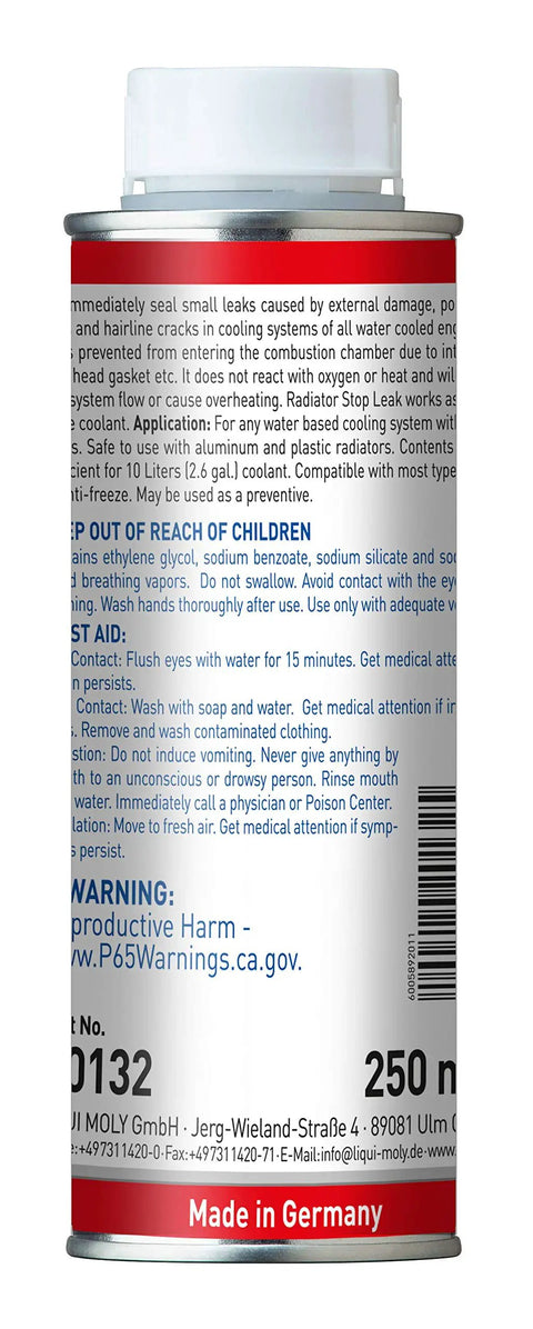 Side view of 250 ml Radiator Stop Leak Easy Sealant bottle with text, protects combustion chamber, fits cars and trucks.