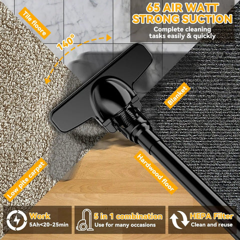 No Fuss Heavy Duty Cordless Handheld Vacuum Five In One With 500 Watt Motor And 46 Cubic Feet Airflow, Real Hepa Filter For Hardwood Floors Carpets And Cars, Plays Well With Common 20 Volt Batteries, Kicks Grit Quick; vacuum nozzle on various surfaces including tile and carpet.