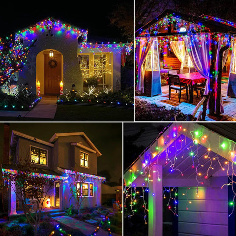 Green Outdoor Icicle Christmas Lights 33ft 400 LED With Connectable Clear Wire 8 Modes Timer Waterproof on homes and gazebo