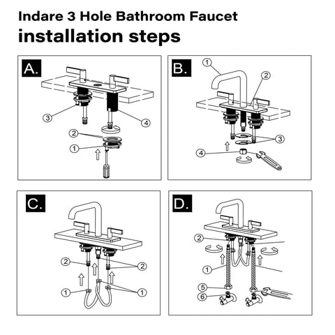 Instruction diagram for Two Handle Centerset Bathroom Faucet Designed For Matte Black Vanity Deck Mount Sink With Pop Up Drain.