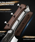 Close-up of ergonomic wooden handles and full tang design of All-In-One 14-Piece Butcher Knife Set With Roll Bag For Home Kitchen, Camping And BBQ, Pro-Grade Bone Chopper, Cleaver And Fillet Knives, Boning And Paring Knives, Heavy-Duty Meat Prep Kit For Men And Women.