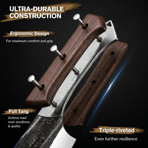 Close-up of ergonomic wooden handles and full tang design of All-In-One 14-Piece Butcher Knife Set With Roll Bag For Home Kitchen, Camping And BBQ, Pro-Grade Bone Chopper, Cleaver And Fillet Knives, Boning And Paring Knives, Heavy-Duty Meat Prep Kit For Men And Women.