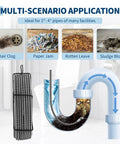 Heavy Duty 100 Foot Drain Snake Cable Knocks Out Tough Kitchen And Bathroom Clogs, shown removing hair clog from pipes.