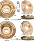 Two Pack Wood Carving Disc Set For Four And A Half And Five Inch Angle Grinders With Durable Carbon Steel Burrs showing slanted and curved designs