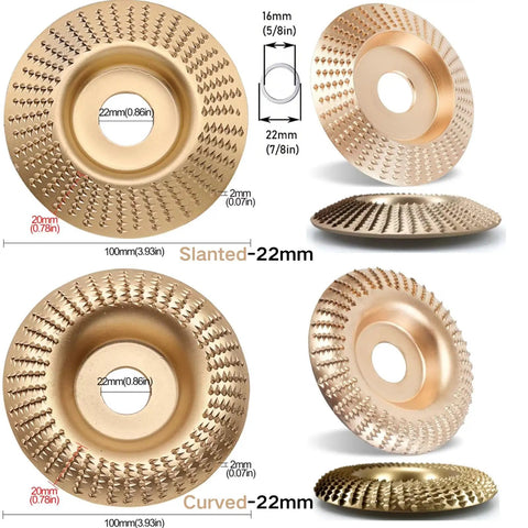 Two Pack Wood Carving Disc Set For Four And A Half And Five Inch Angle Grinders With Durable Carbon Steel Burrs showing slanted and curved designs