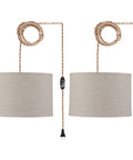Plug In Pendant Light Kit With Twisted Hemp Rope Cord 15 Foot Dimmable On Off Switch Linen Lamp Shade Hanging Ceiling Light For Bedroom Living Room Dining Room 2 Pack Cozy Vibe showing two linen shades and twisted cords.