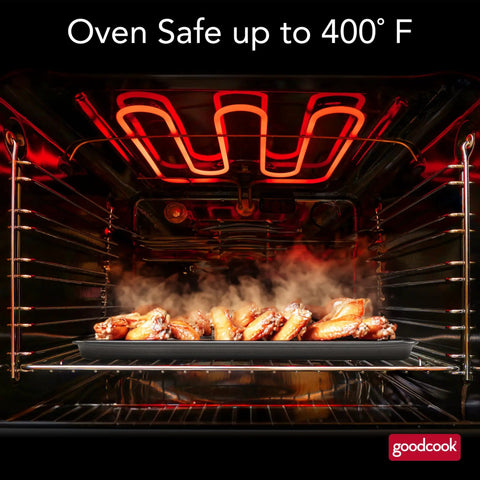 Nonstick 15 x 10.5 inch baking pan with raised wire rack cooking chicken wings in oven up to 400°F
