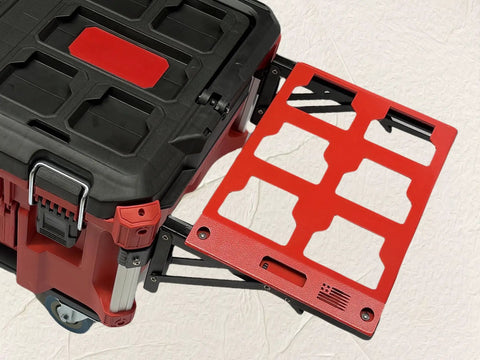 Foldable Side Mount Rack For Milwaukee Packout System, Heavy Duty Side Storage Organizer For Wall Or Floor Mount, 100 Lb Capacity Toolbox Accessory, Red, Keeps Tools Within Reach And Tidy On Job Site, shown attached to Packout box