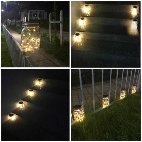 Dope Solar Mason Jar Lights 4 Pack With 30 LEDs Waterproof Fairy String Lights illuminating outdoor path and steps.