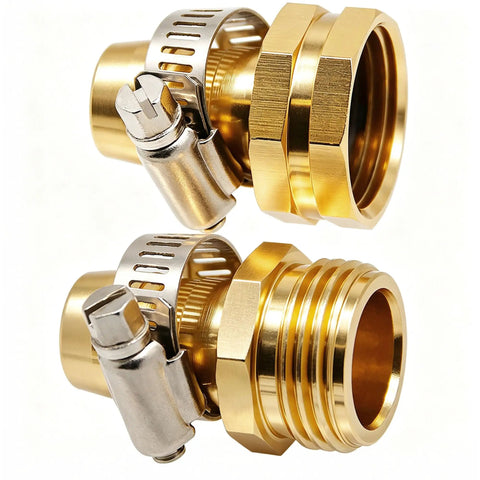 Aluminum Garden Hose Repair Kit with Clamps, Set of 3 Female and 3 Male Connectors for 3/4 and 5/8 Inch Hoses, Brass Color