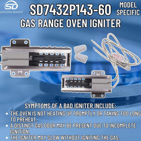 Gas Range Oven Igniter Replacement 120V WP7432P143-60 with connectors and wires shown on blue background