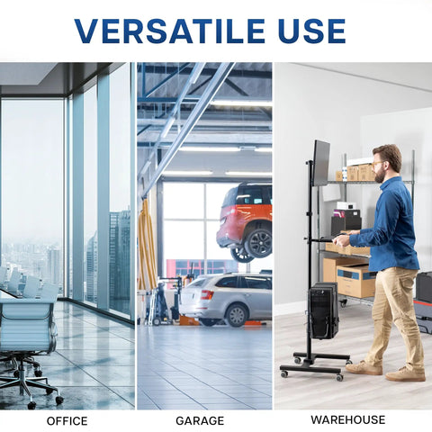 Built Tough Mobile Computer Cart With Smooth Glide Wheels And Adjustable Monitor Stand Engineered For Big Screens Up To Thirty Two Inches in office, garage, and warehouse settings.