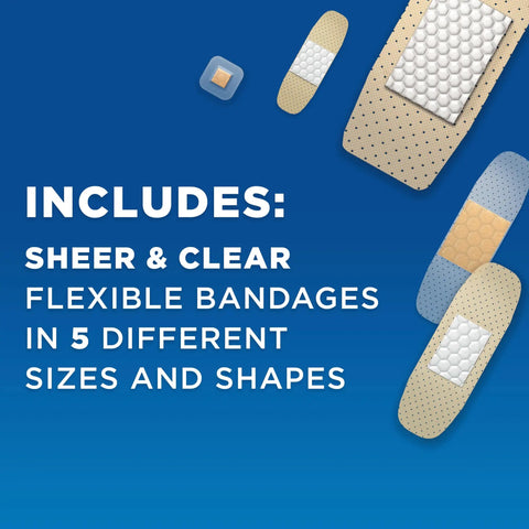 Go To Adhesive Bandages Variety Pack For Minor Cuts Scrapes And Burns, 5 sizes shown on blue background