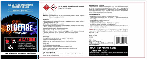 Label of Bluefire propane cylinder, safety instructions and details for pack of four one pound propane gas cylinders for welding brazing soldering