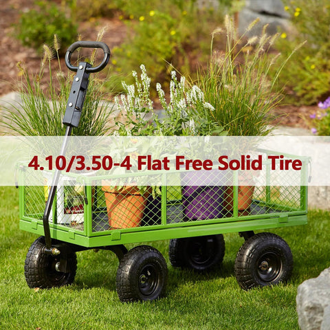 10 Inch Flat Free Solid Tire And Wheel Replacement 4.10/3.50-4 on green garden wagon with flowers